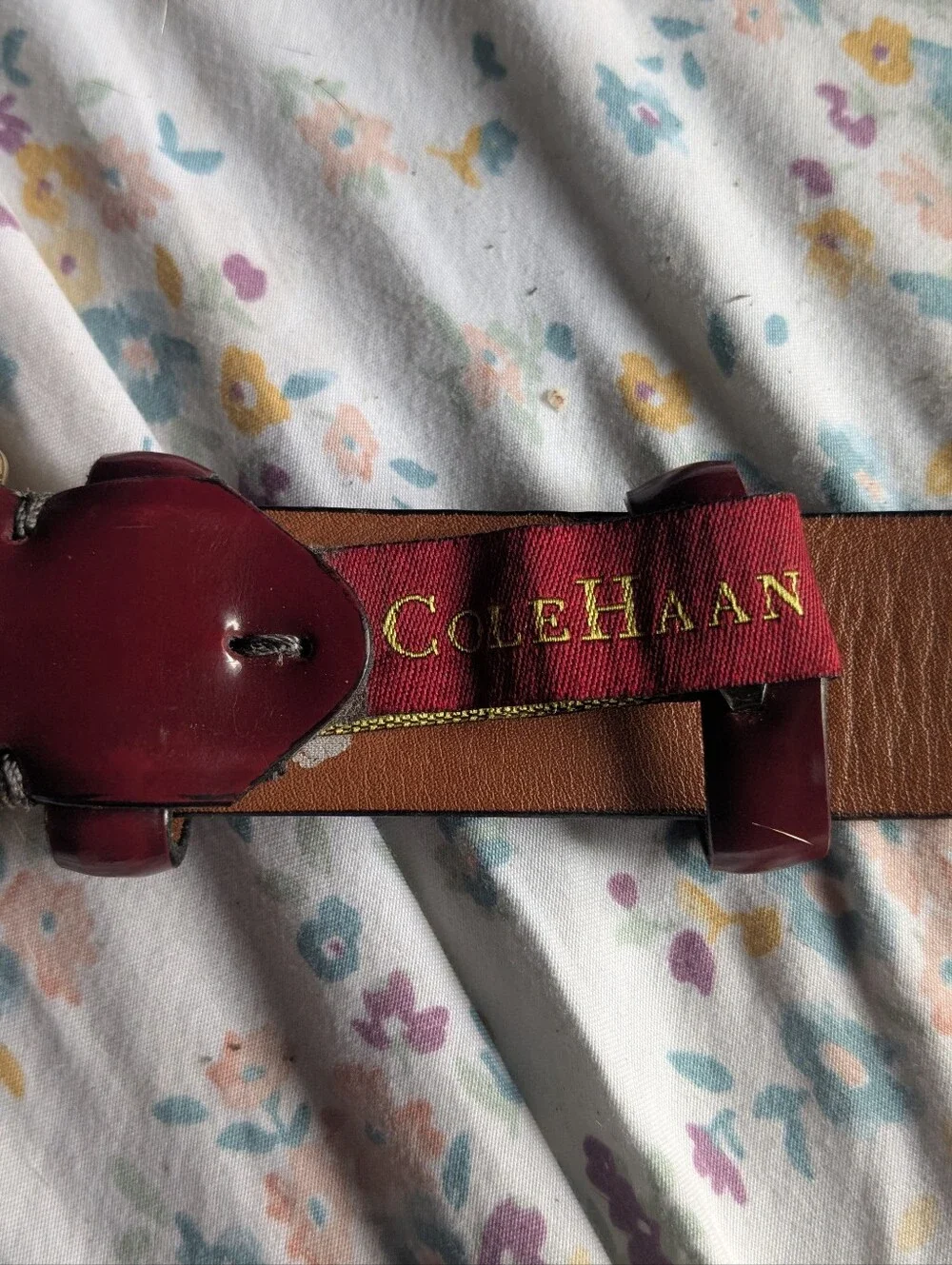 Mens Colehaan Burgundy Leather Belt with Brass Buckle